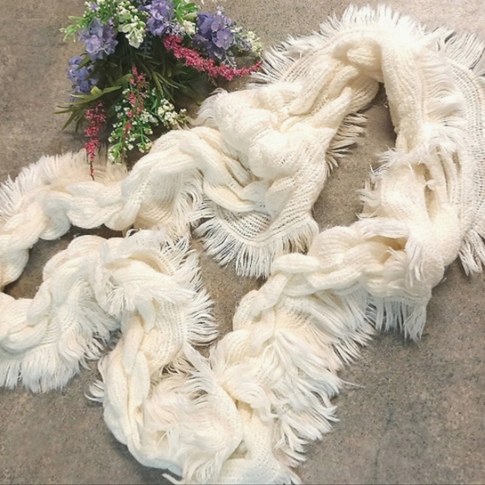 Cozy Cream Knit Infinity Scarf with Fringe